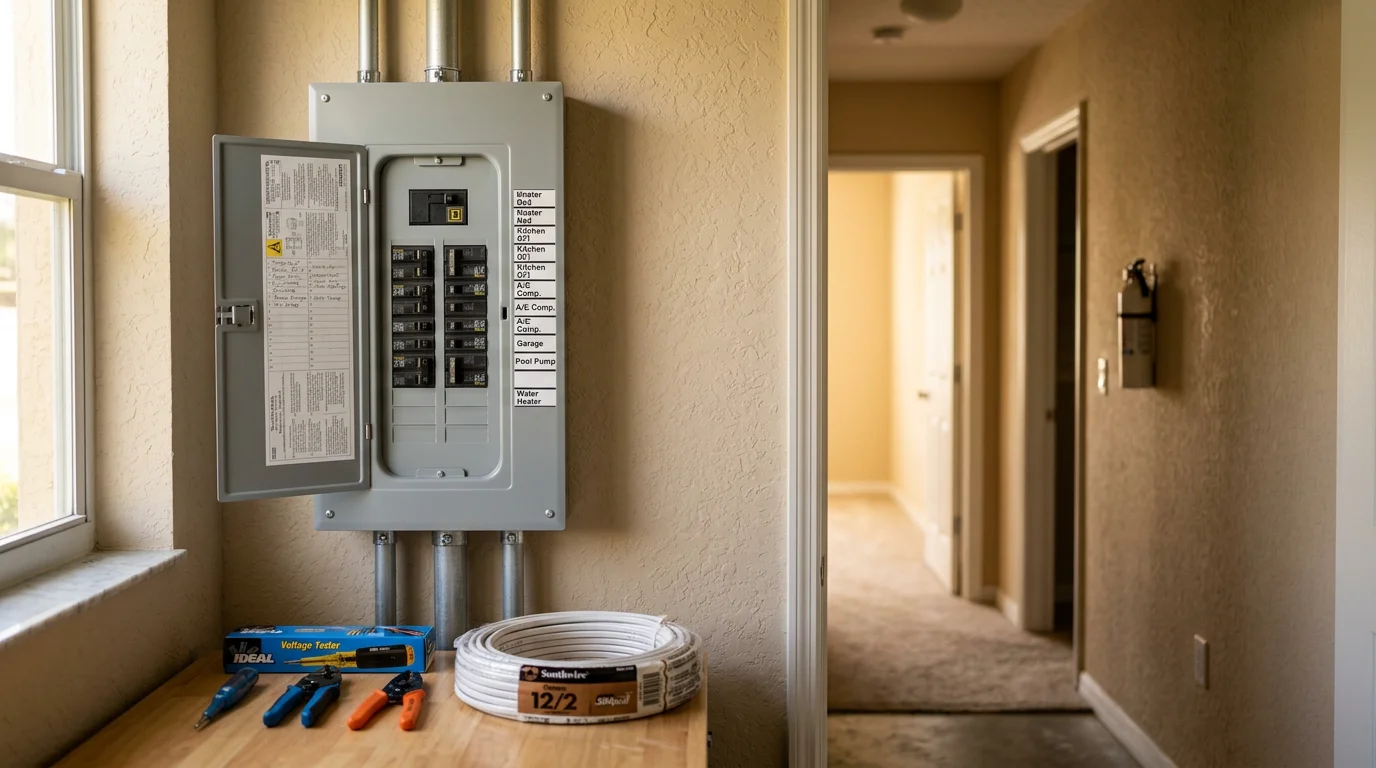 Licensed electrician working on residential electrical panel