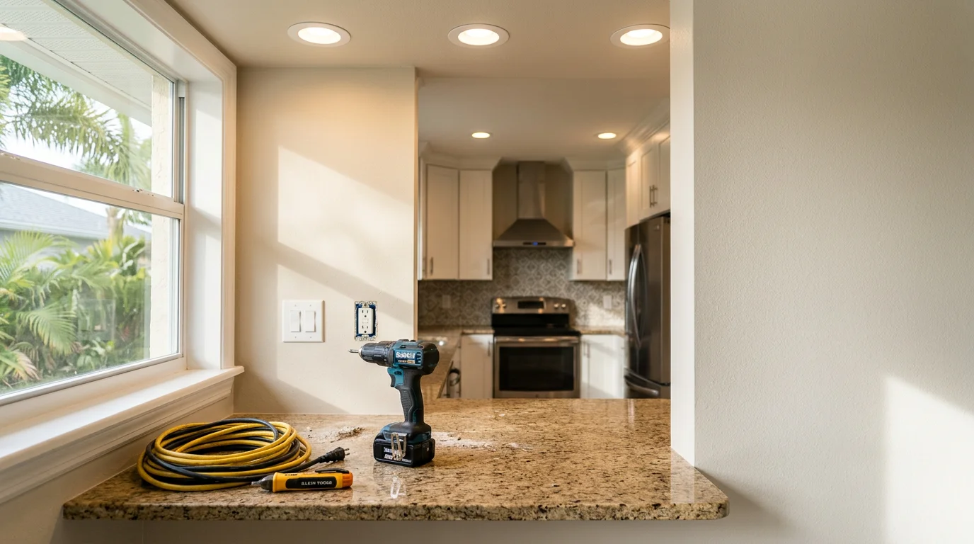 Electrician installing outlets during kitchen remodel