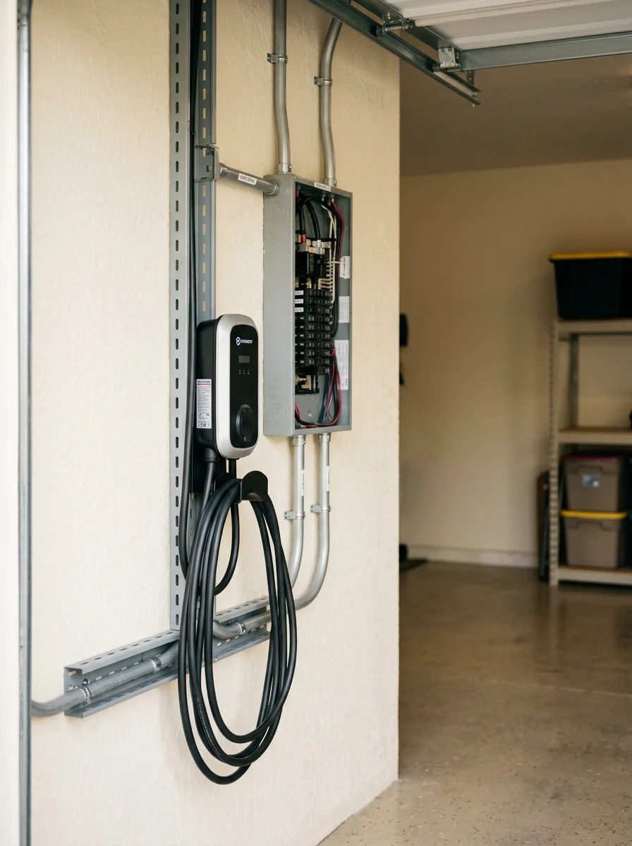 An electrician installing a Level 2 EV charger inside the garage of a gated Palm City golf community home, with a 240-volt circuit cable secured along the wall.