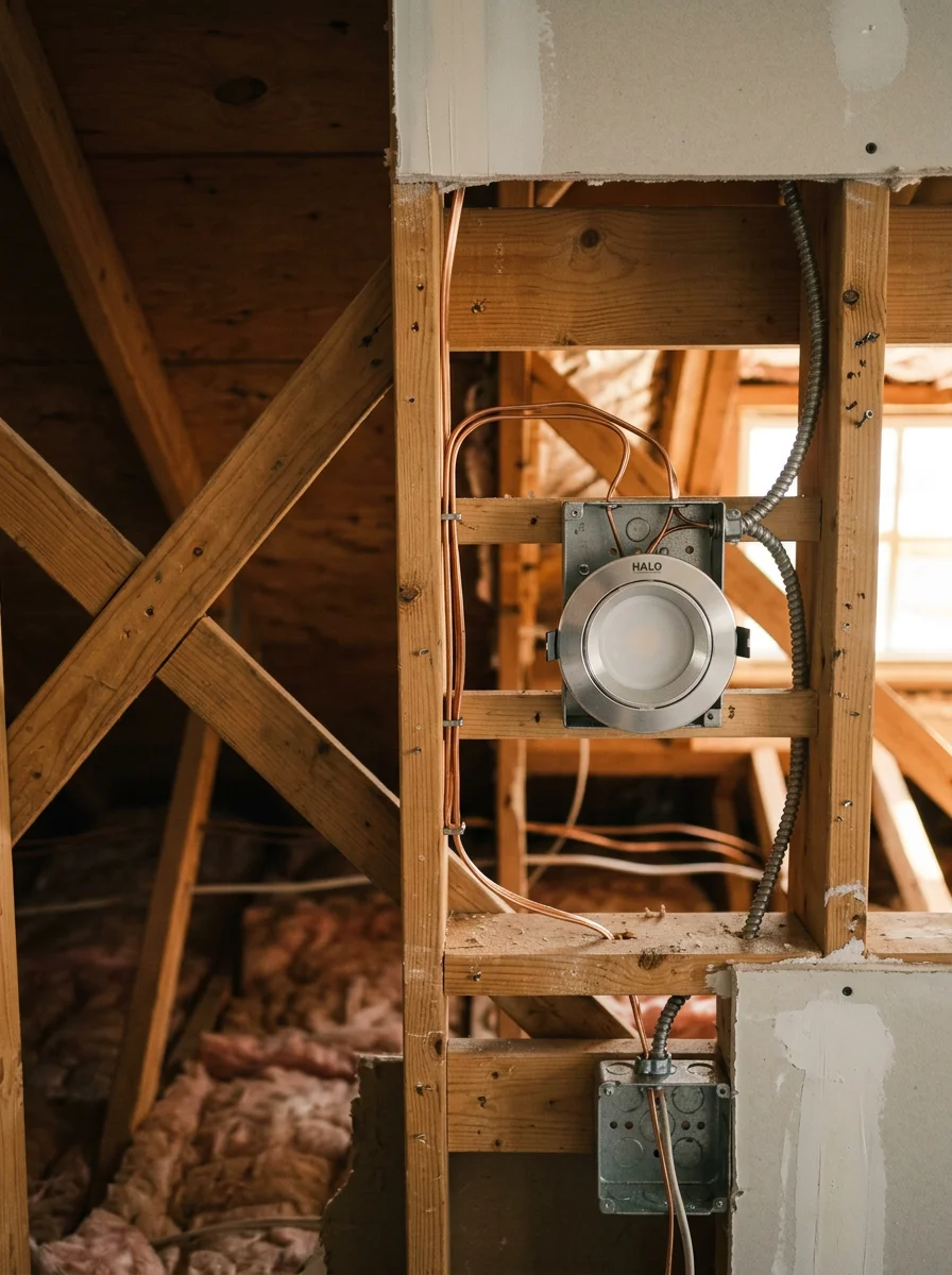 An electrician installing recessed lighting in the ceiling of a remodeled Port St. Lucie living room, with new wiring visible in the open ceiling before drywall is replaced.