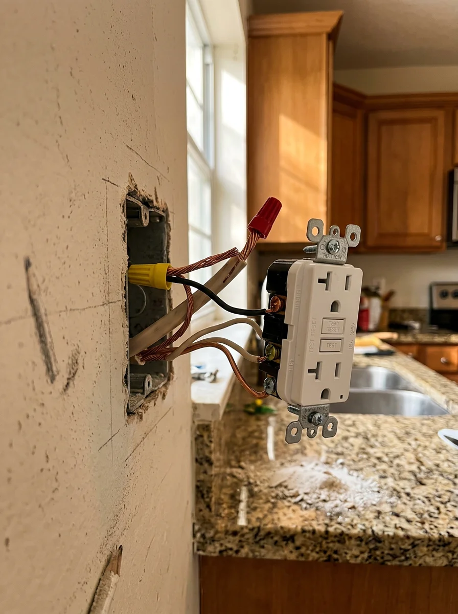 Close-up of an electrician installing a GFCI receptacle in a Fort Pierce kitchen during a remodel, with copper wiring and a new outlet box visible.