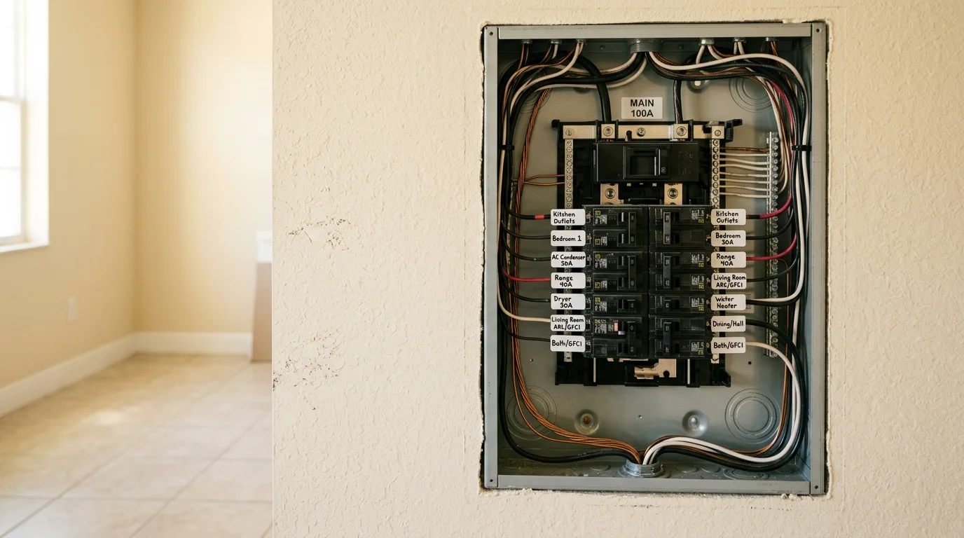 An electrician replacing an outdated 100-amp electrical panel in a Port St. Lucie home, with new breakers and wiring visible inside the open panel box.
