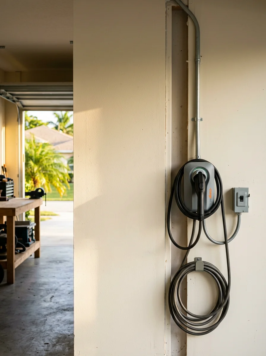 An electrician installing a Level 2 EV charger on the garage wall of a West Palm Beach home, with a 240-volt circuit cable running along the interior wall.