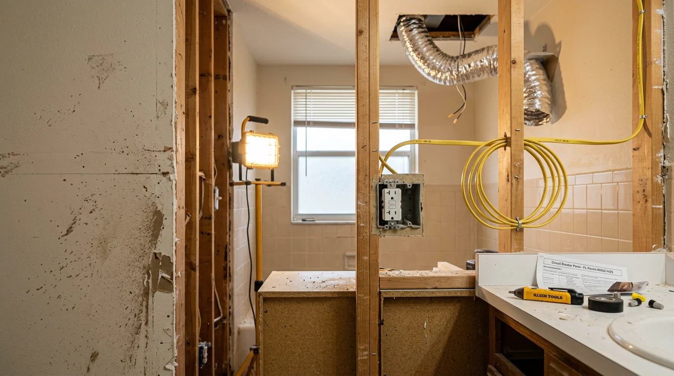 Electrician installing a GFCI outlet and vanity lighting circuit inside a remodeled bathroom in Port St. Lucie County, Florida. Finished bathroom shows updated wiring, a new exhaust fan, and code-compliant receptacles near the vanity.