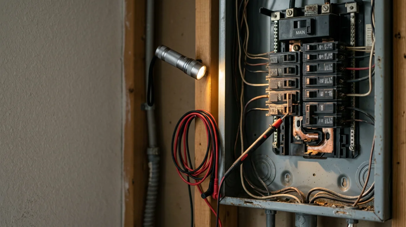 An electrician inspecting an open residential circuit breaker panel inside a Port St. Lucie County home, checking breaker terminals for signs of heat damage and loose connections.