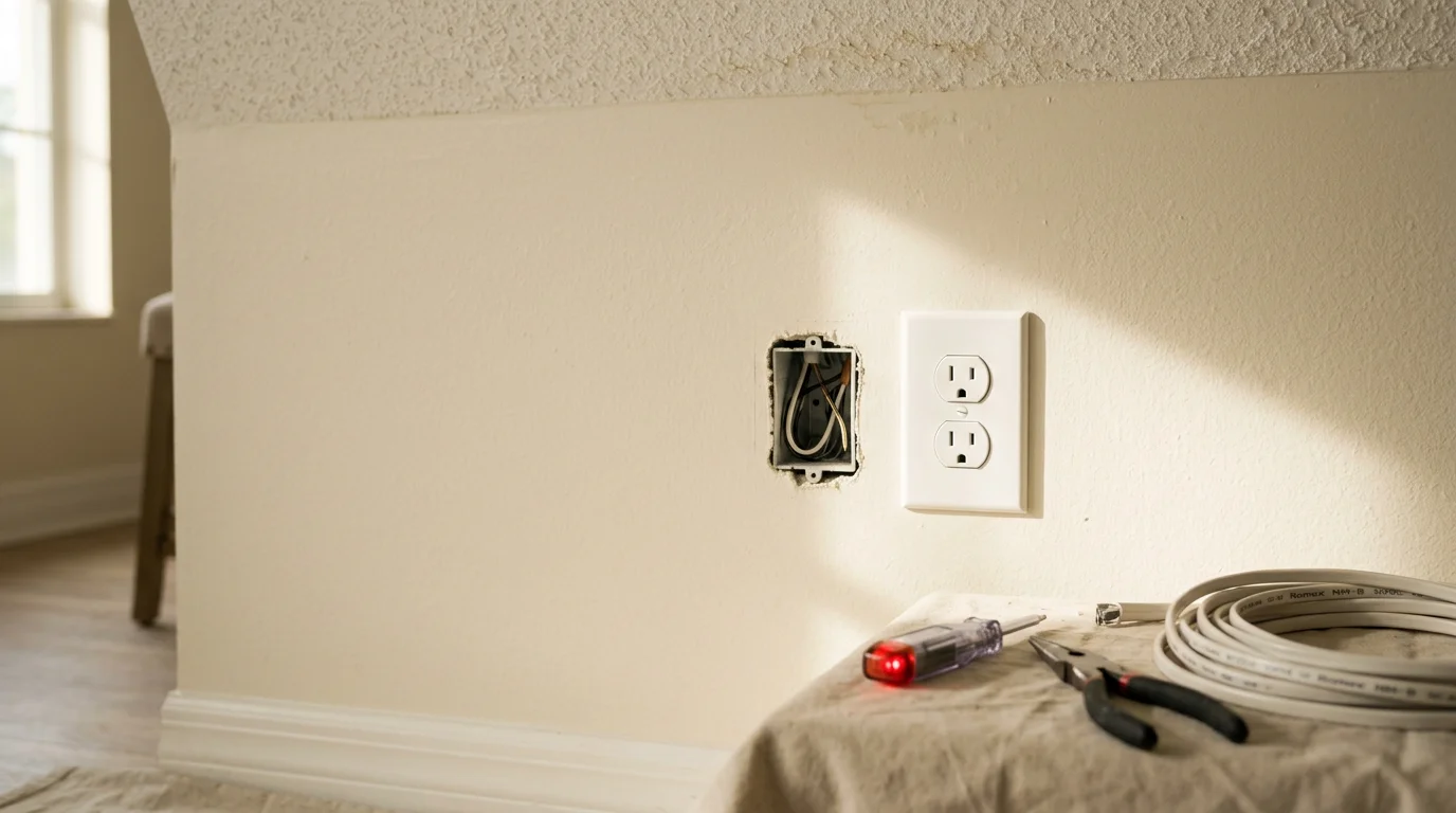 A licensed electrician installing a new grounded electrical outlet in a residential living room in Port St. Lucie, Florida. The finished outlet is flush-mounted on a white wall plate with clean wiring connections visible inside the open box.