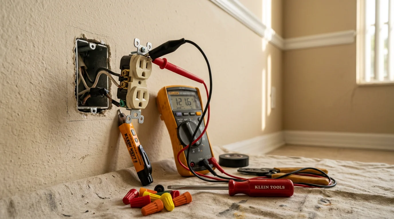 An electrician repairing a residential electrical outlet in a Port St. Lucie County home, with wiring connections visible at the receptacle box. The outlet cover is removed and the technician is inspecting the wiring behind the wall plate.