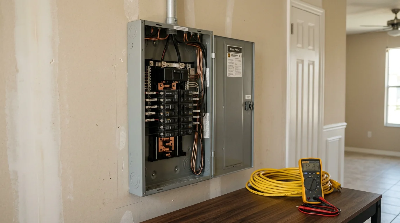 A newly installed residential electrical panel with organized circuit breakers mounted on an interior wall in a Port St. Lucie County home. The panel is clean, properly labeled, and ready for inspection.