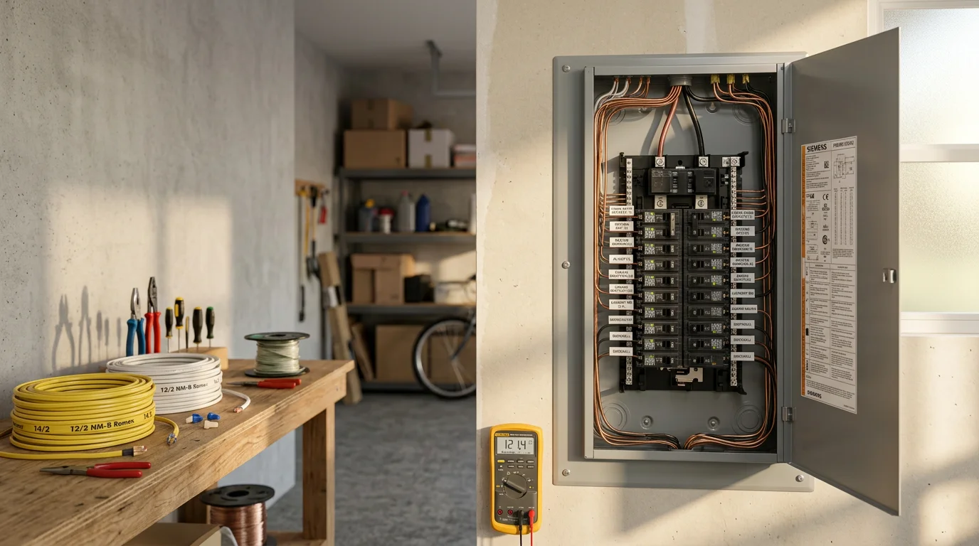 A licensed electrician installing a new residential electrical panel inside a Port St. Lucie County home, with neatly organized circuit breakers and clean wiring visible in the open enclosure.