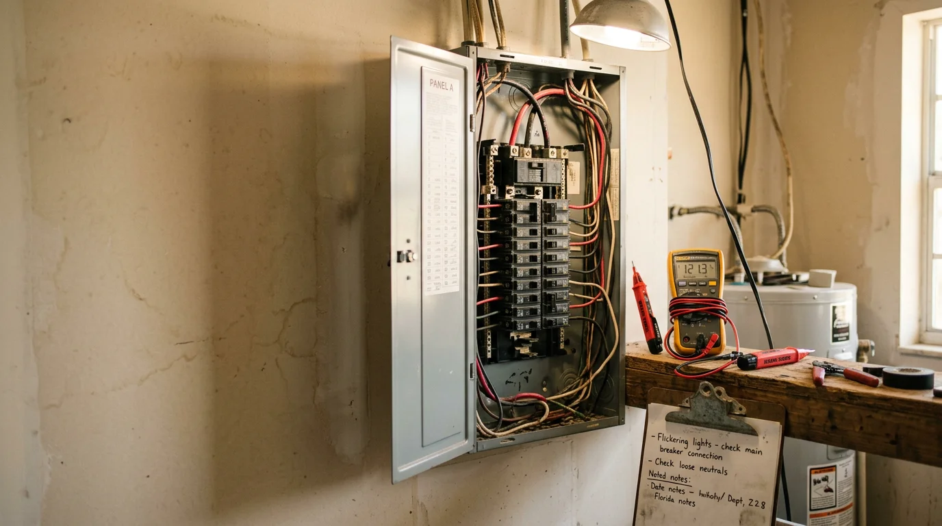 An electrician from The Flash Electric House LLC using a testing meter to diagnose an electrical issue inside a residential panel in Port St. Lucie County, Florida. The image shows hands-on diagnostic work being performed on a home's wiring system.
