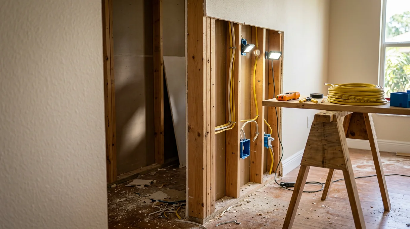 An electrician running new electrical wiring through open wall framing inside a home being remodeled in Port St. Lucie County, Florida. Exposed studs and fresh wiring show the rough-in stage of a residential remodel electrical project.