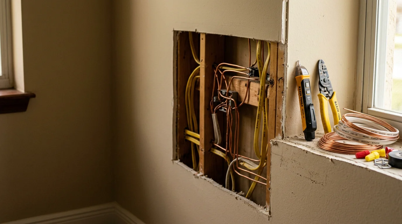 An electrician repairing damaged residential electrical wiring inside a wall panel in a Port St. Lucie County home. Close-up view of wire connections being inspected and restored to safe working condition.