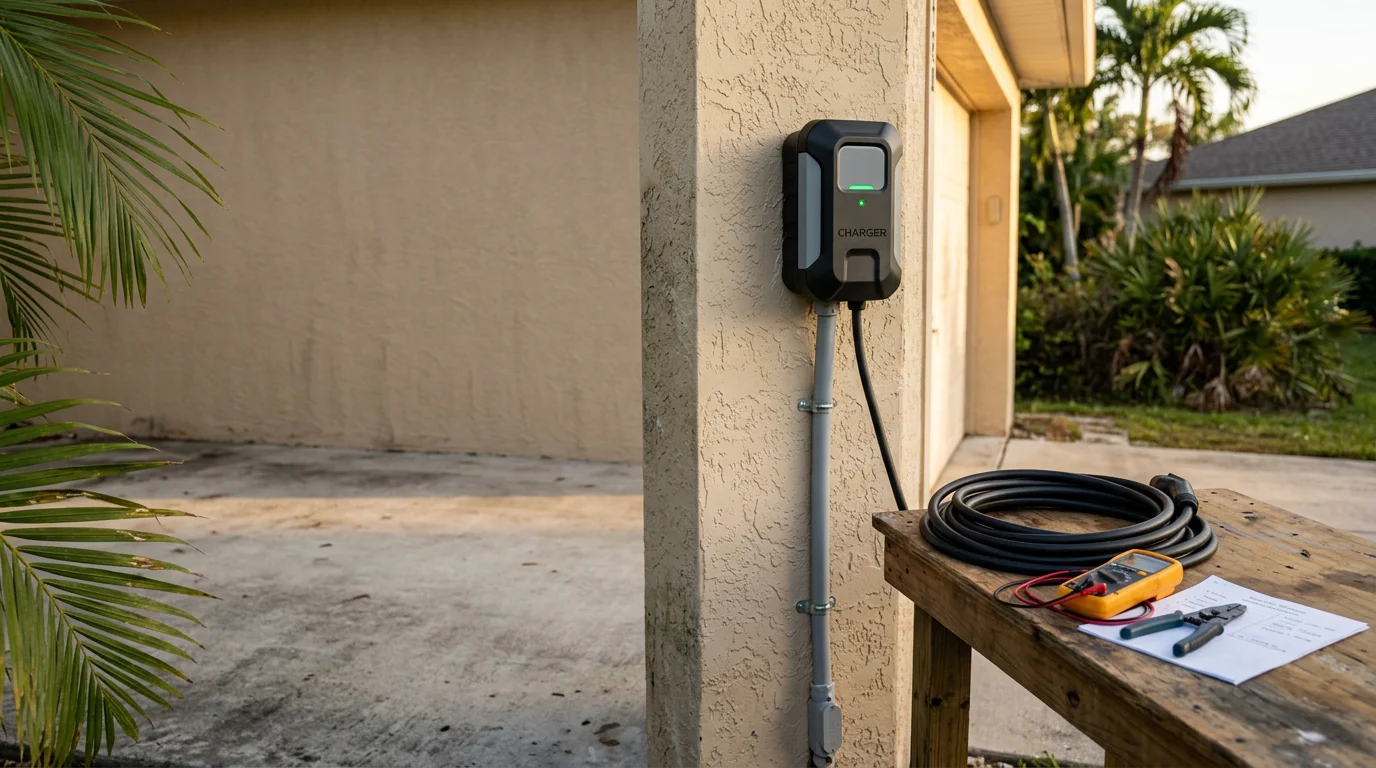 A Level 2 EV charger mounted on the interior wall of a residential garage in Port St. Lucie County, Florida, with a dedicated 240-volt circuit wired to the home's electrical panel. An electric vehicle is plugged in and charging.
