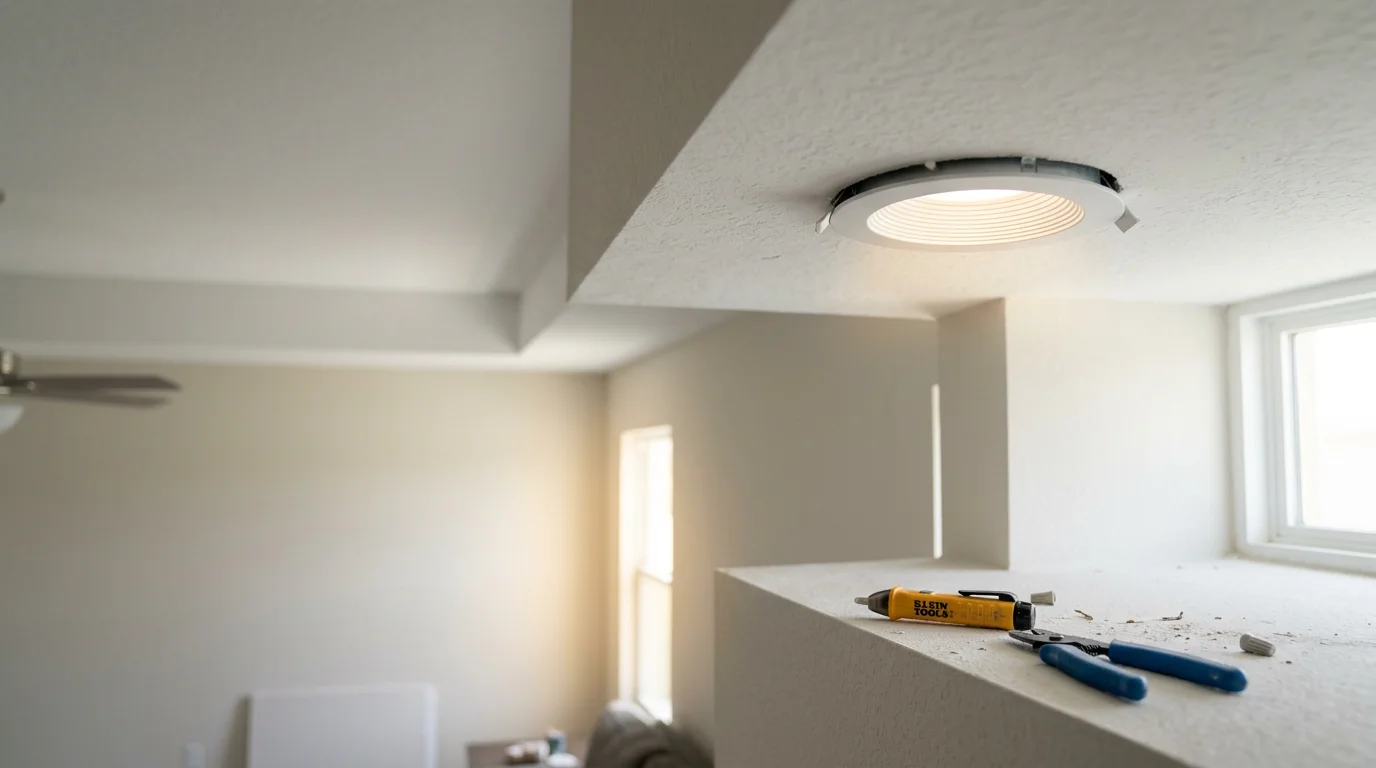 A Port St. Lucie County living room with newly installed interior lighting fixtures casting even, warm light across the ceiling and walls. An electrician from The Flash Electric House LLC completes the final wiring connection at a ceiling junction box.