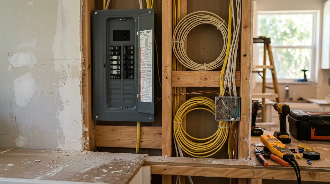 An electrician installing a GFCI outlet and running new circuit wiring inside a kitchen during a remodel in Port St. Lucie County, Florida. Open walls reveal fresh wiring routed to a new dedicated circuit panel connection.
