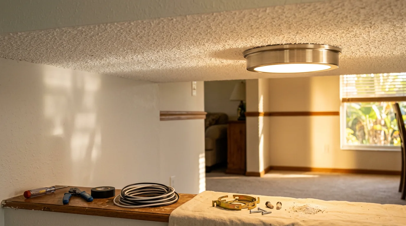An electrician from The Flash Electric House LLC installing a new ceiling light fixture in a Port St. Lucie County home, with wiring connections visible at the junction box before the fixture cover is secured.