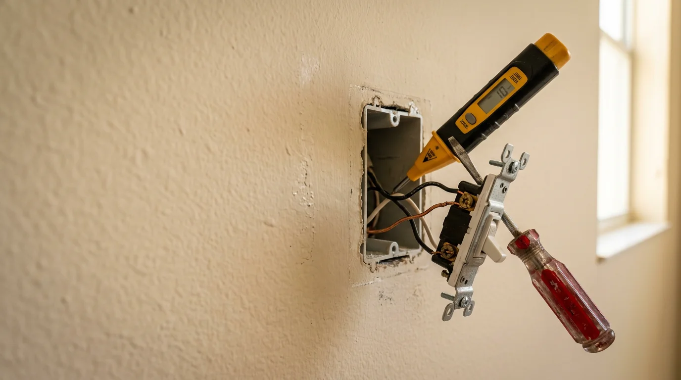 An electrician from The Flash Electric House LLC inspecting a wall-mounted light switch in a Port St. Lucie County home, with the switch plate removed and wiring visible for repair.