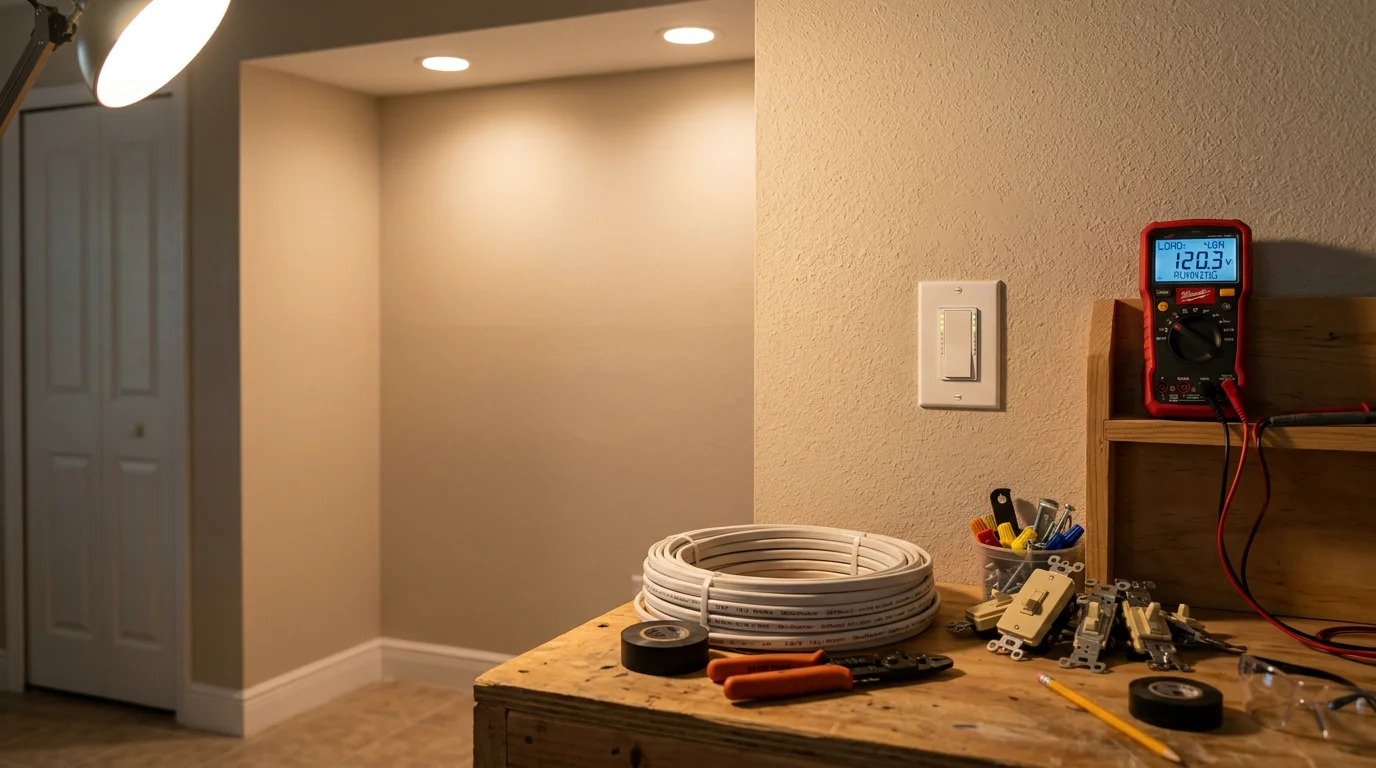 An electrician from The Flash Electric House LLC installing updated lighting fixtures and dimmer controls inside a single-family home in Port St. Lucie County, Florida. The finished room shows bright, evenly distributed light from modern overhead fixtures with clean wiring connections.