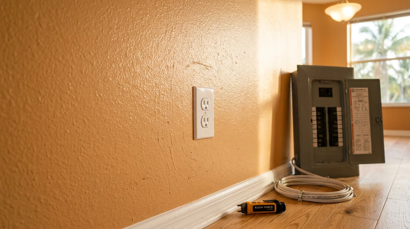 A newly installed electrical outlet on a white wall inside a Port St. Lucie County home, with clean wiring visible behind the open faceplate before final cover installation. An electrician's hand holds a voltage tester against the outlet terminals to confirm a safe, live connection.
