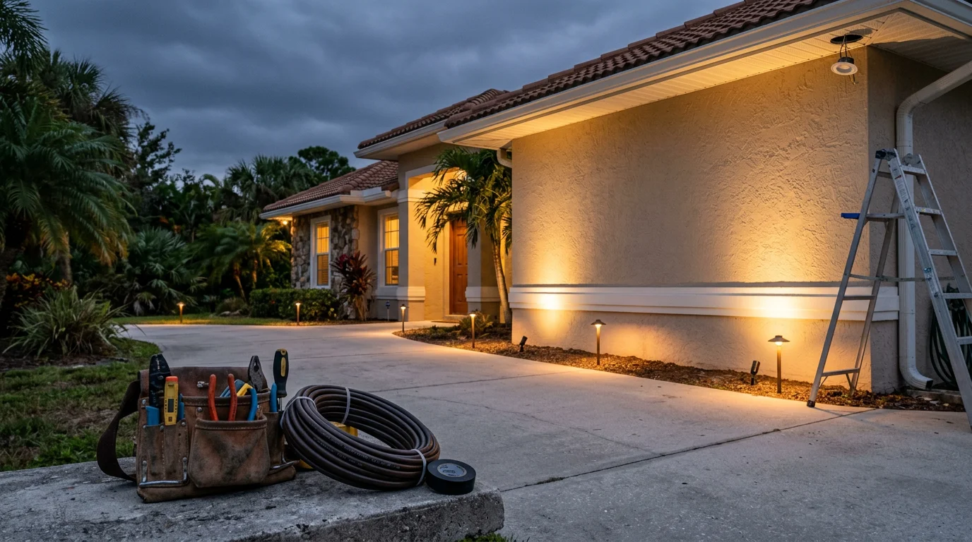 Exterior of a Port St. Lucie County home at dusk with professionally installed outdoor lighting illuminating the driveway and front entry. Pathway lights and wall-mounted fixtures are wired and mounted along the home's facade.