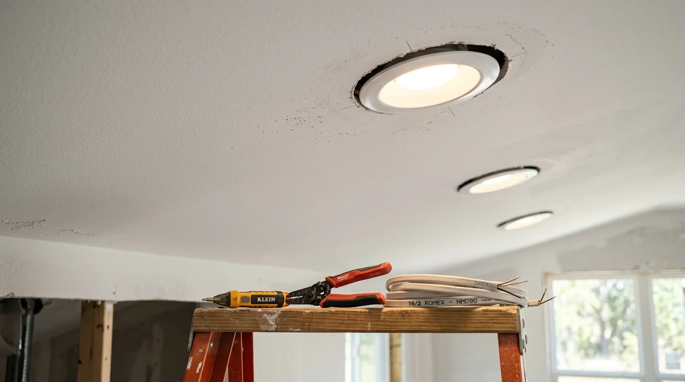 Newly installed recessed LED lights flush with a white drywall ceiling in a Port St. Lucie County living room, casting even light across the space. An electrician from The Flash Electric House LLC completes the final trim installation with clean, gap-free ceiling cuts.