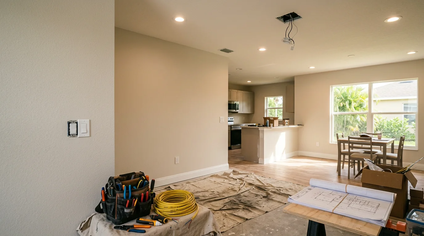 Electrician installing recessed lighting fixtures in the ceiling of a remodeled living room in a Port St. Lucie County home. Finished room shows evenly spaced lights with a clean, modern look across an open-concept layout.