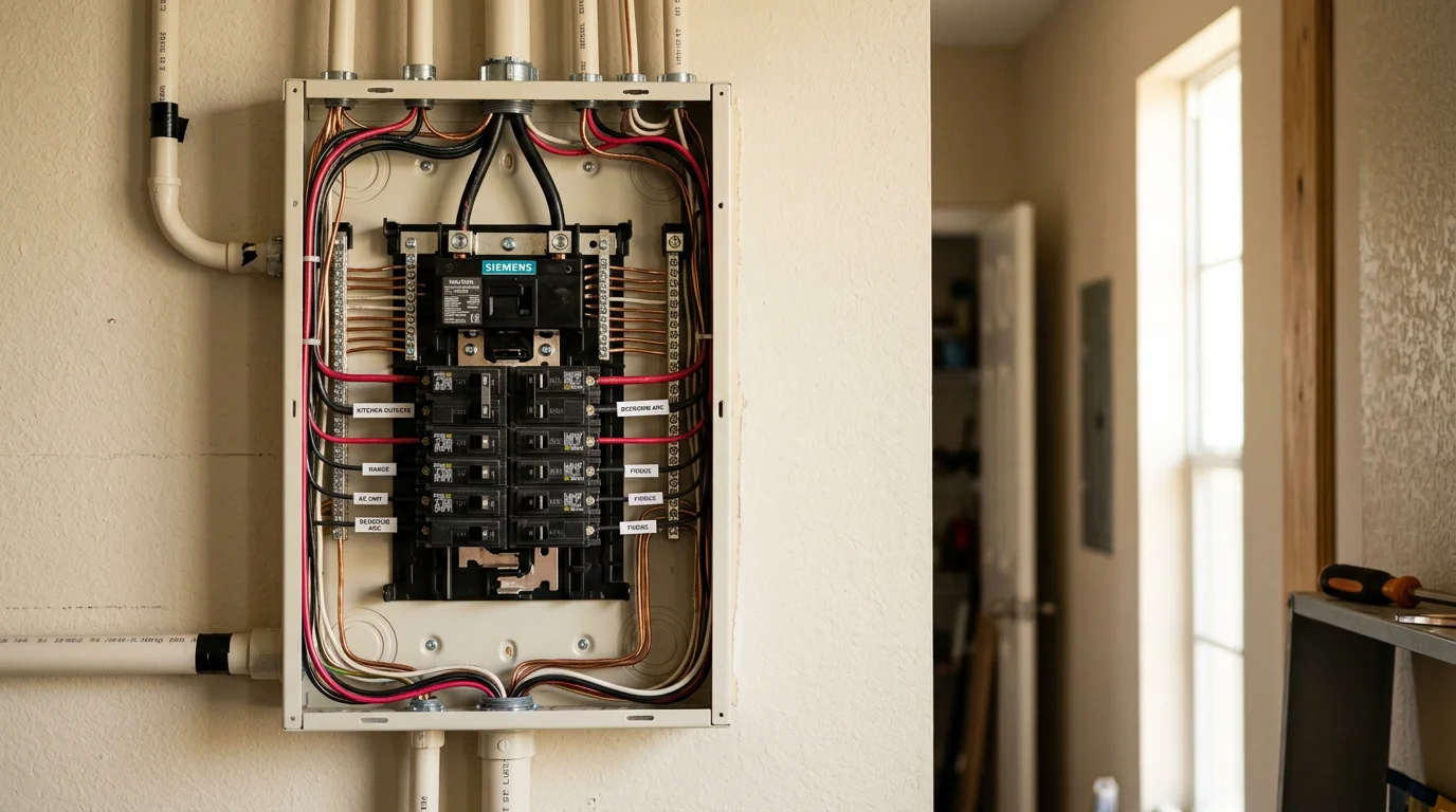 An electrician performing an electrical service upgrade at a residential home in Port St. Lucie County, Florida, inspecting the service entrance wiring and main disconnect components.